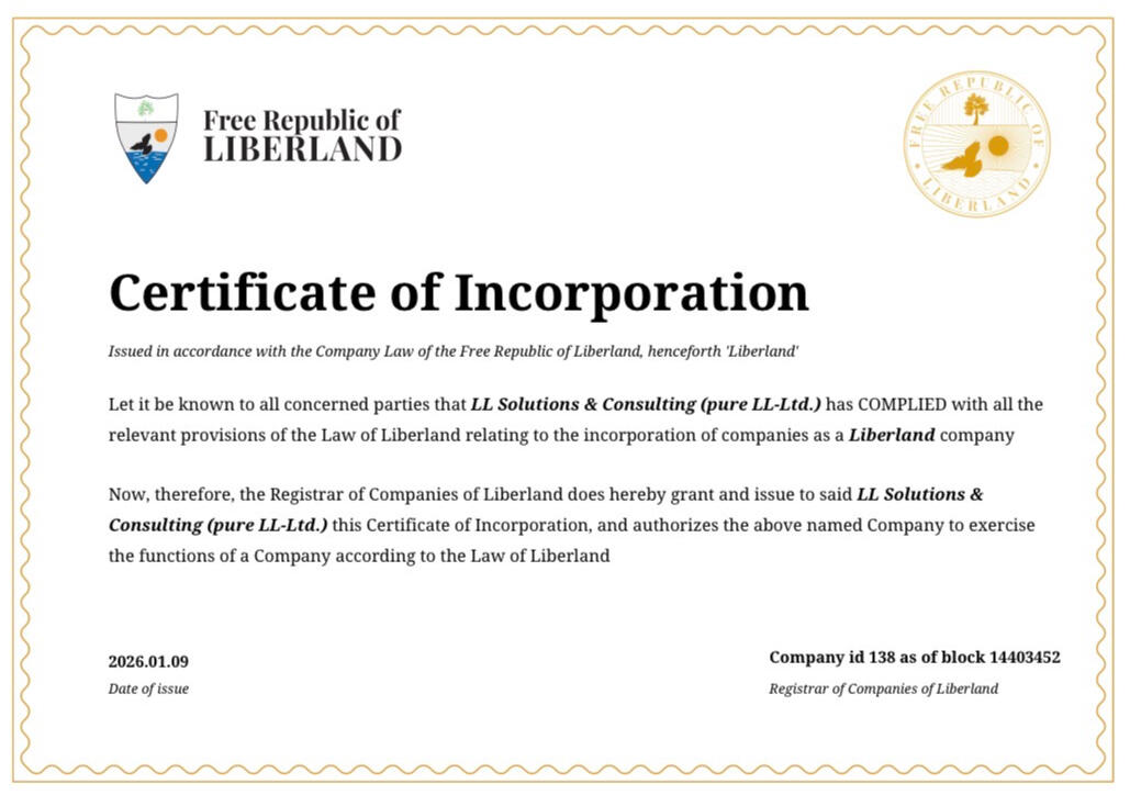 LLsol Company Incorporation CERTIFICATE